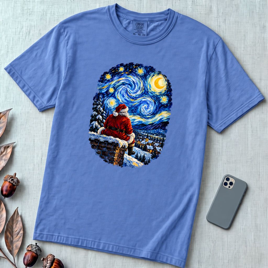 Santa Starry Night Christmas T-Shirt, Van Gogh Inspired Tee - Mystic Blue unfolded t-shirt mockup