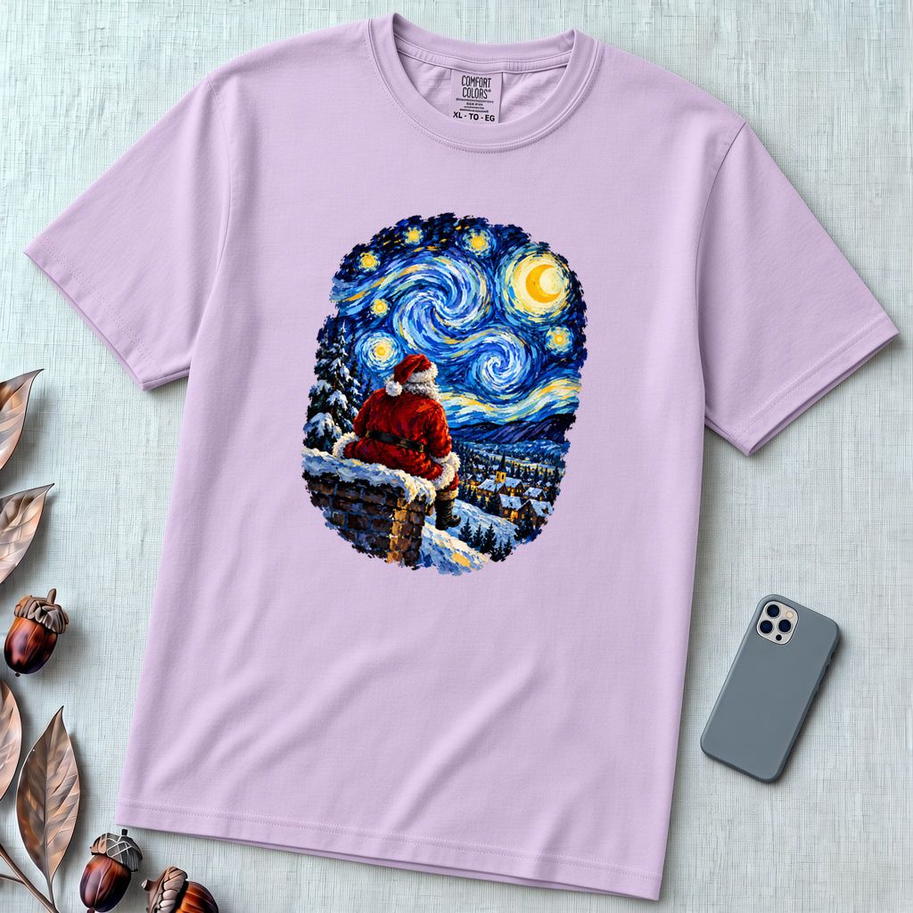 Santa Starry Night Christmas T-Shirt, Van Gogh Inspired Tee - Orchid unfolded t-shirt mockup