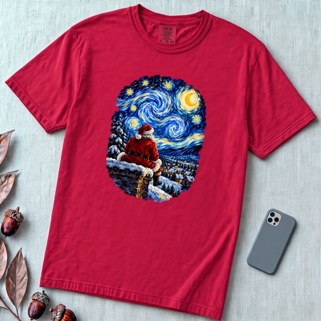 Santa Starry Night Christmas T-Shirt, Van Gogh Inspired Tee - Red unfolded t-shirt mockup