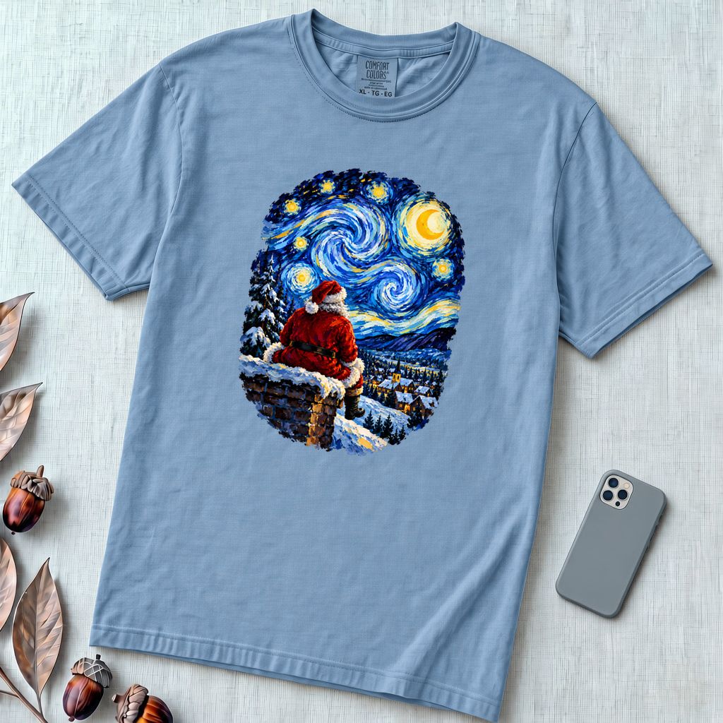 Santa Starry Night Christmas T-Shirt, Van Gogh Inspired Tee - Washed Denim unfolded t-shirt mockup