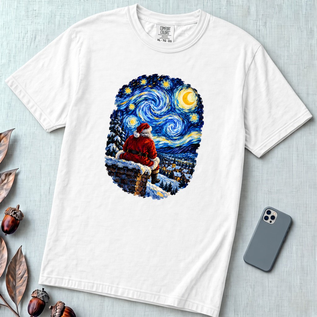 Santa Starry Night Christmas T-Shirt, Van Gogh Inspired Tee - White unfolded t-shirt mockup