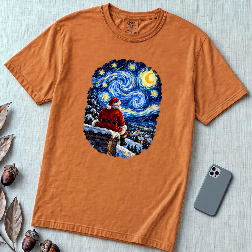Santa Starry Night Christmas T-Shirt, Van Gogh Inspired Tee - Yam unfolded t-shirt mockup