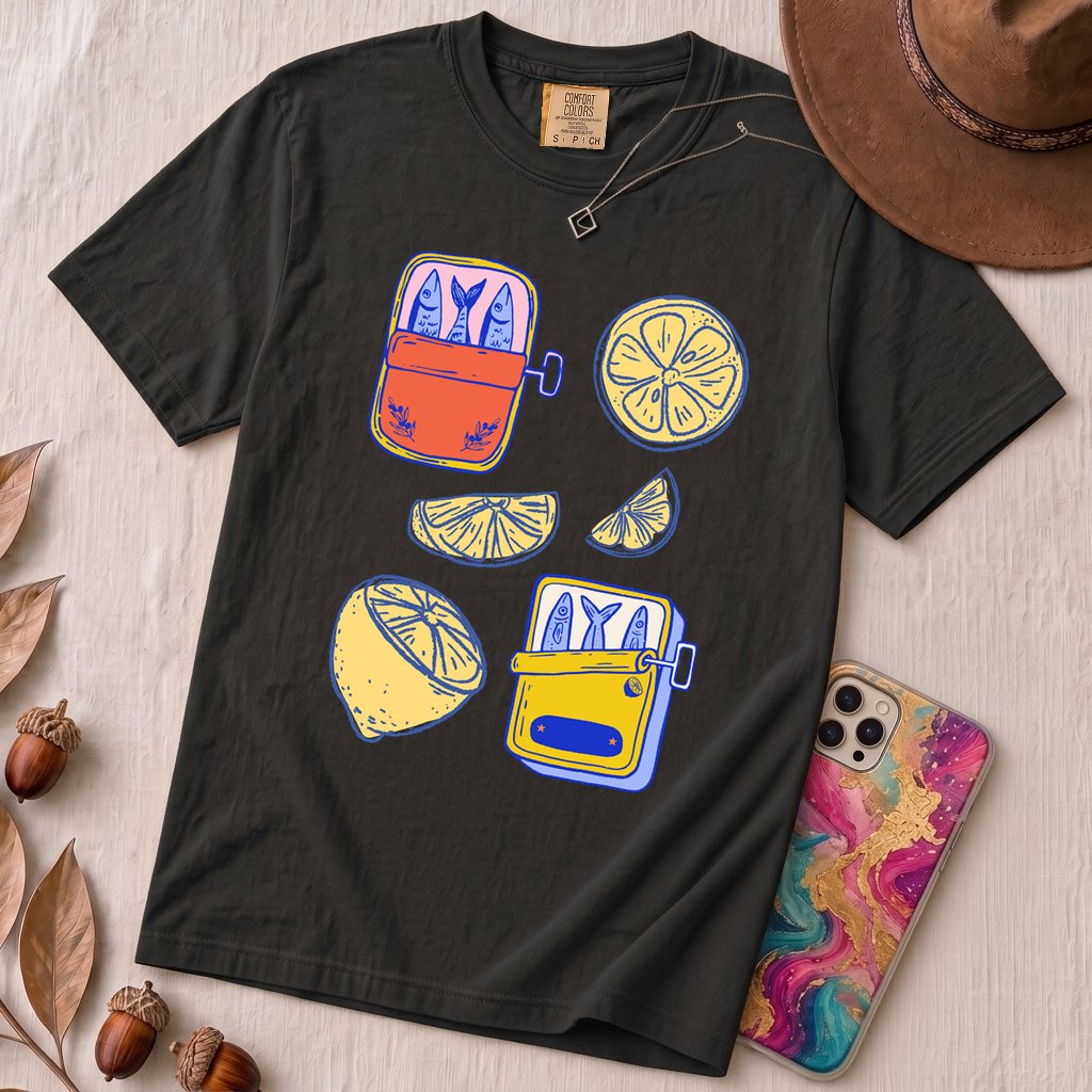 Sardines & Lemons T-Shirt, Foodie Tee - Black unfolded t-shirt mockup