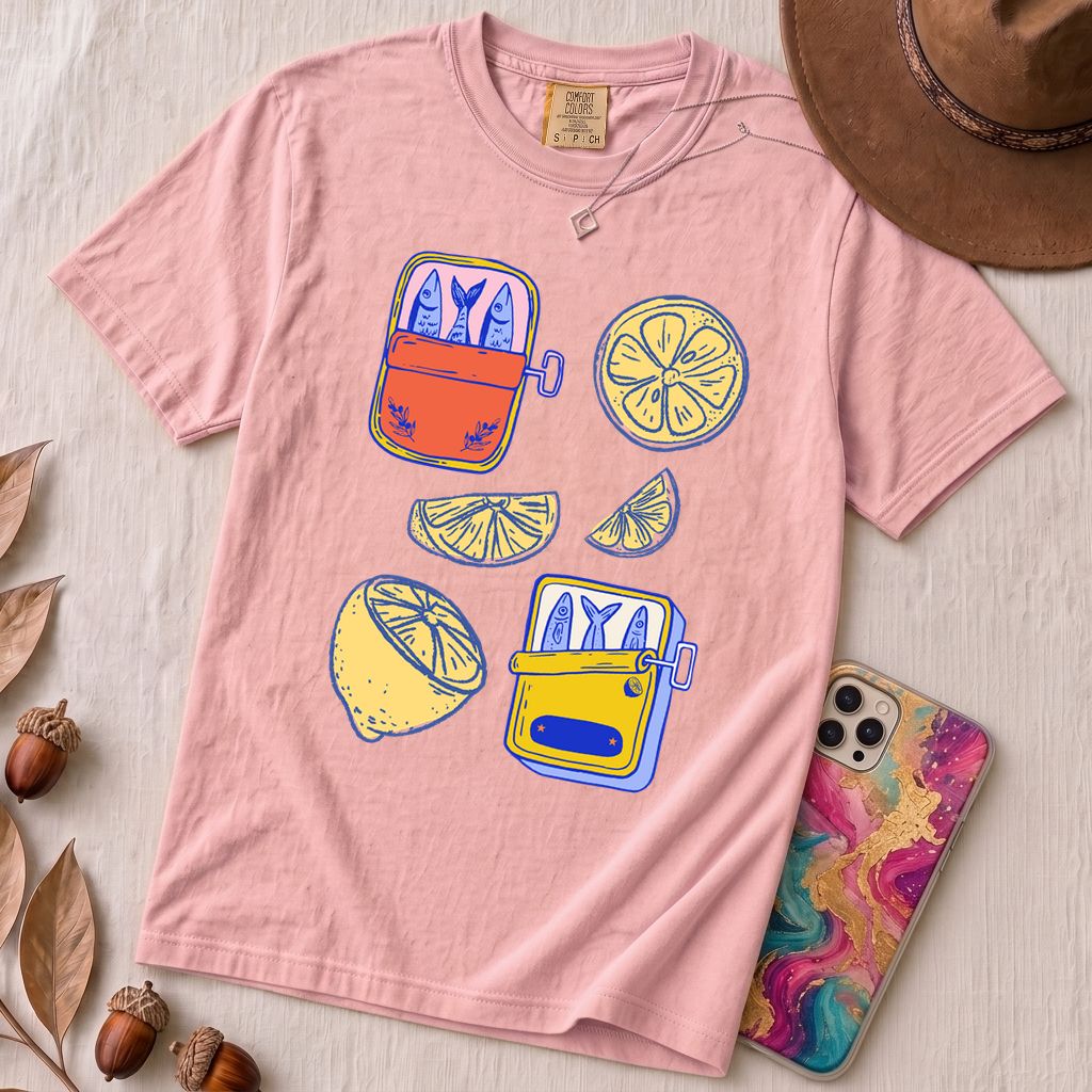 Sardines & Lemons T-Shirt, Foodie Tee - Blossom unfolded t-shirt mockup