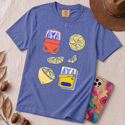 Sardines & Lemons T-Shirt, Foodie Tee - Flo Blue unfolded t-shirt mockup