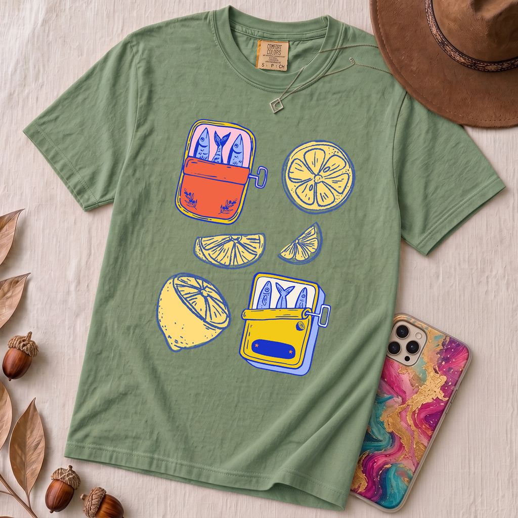 Sardines & Lemons T-Shirt, Foodie Tee - Light Green unfolded t-shirt mockup