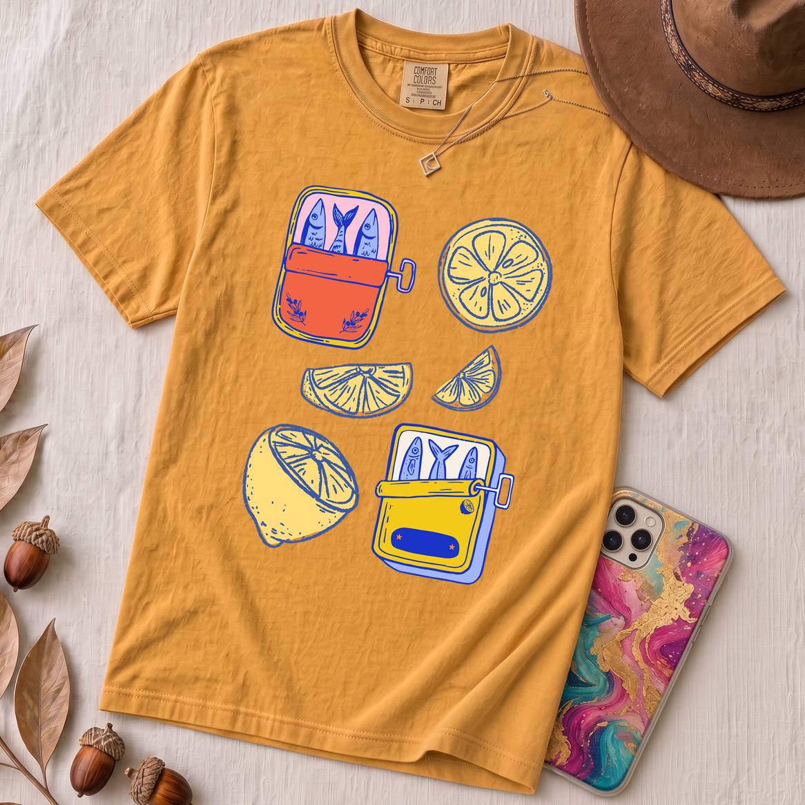 Sardines & Lemons T-Shirt, Foodie Tee - Mustard unfolded t-shirt mockup