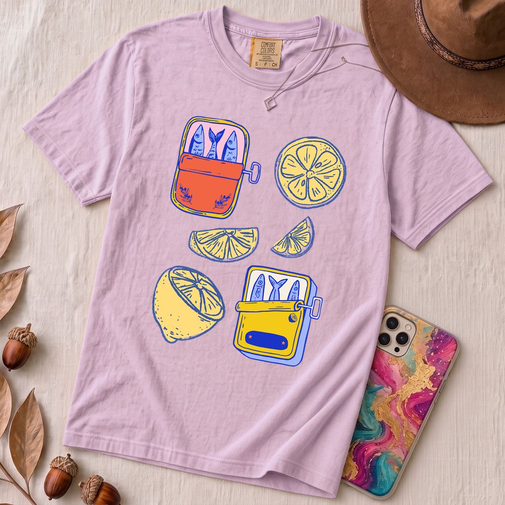 Sardines & Lemons T-Shirt, Foodie Tee - Orchid unfolded t-shirt mockup