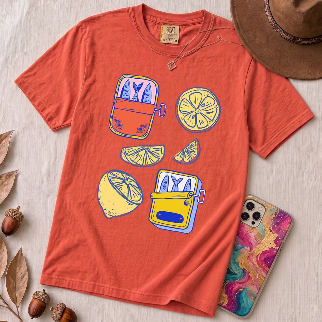 Sardines & Lemons T-Shirt, Foodie Tee - Paprika unfolded t-shirt mockup