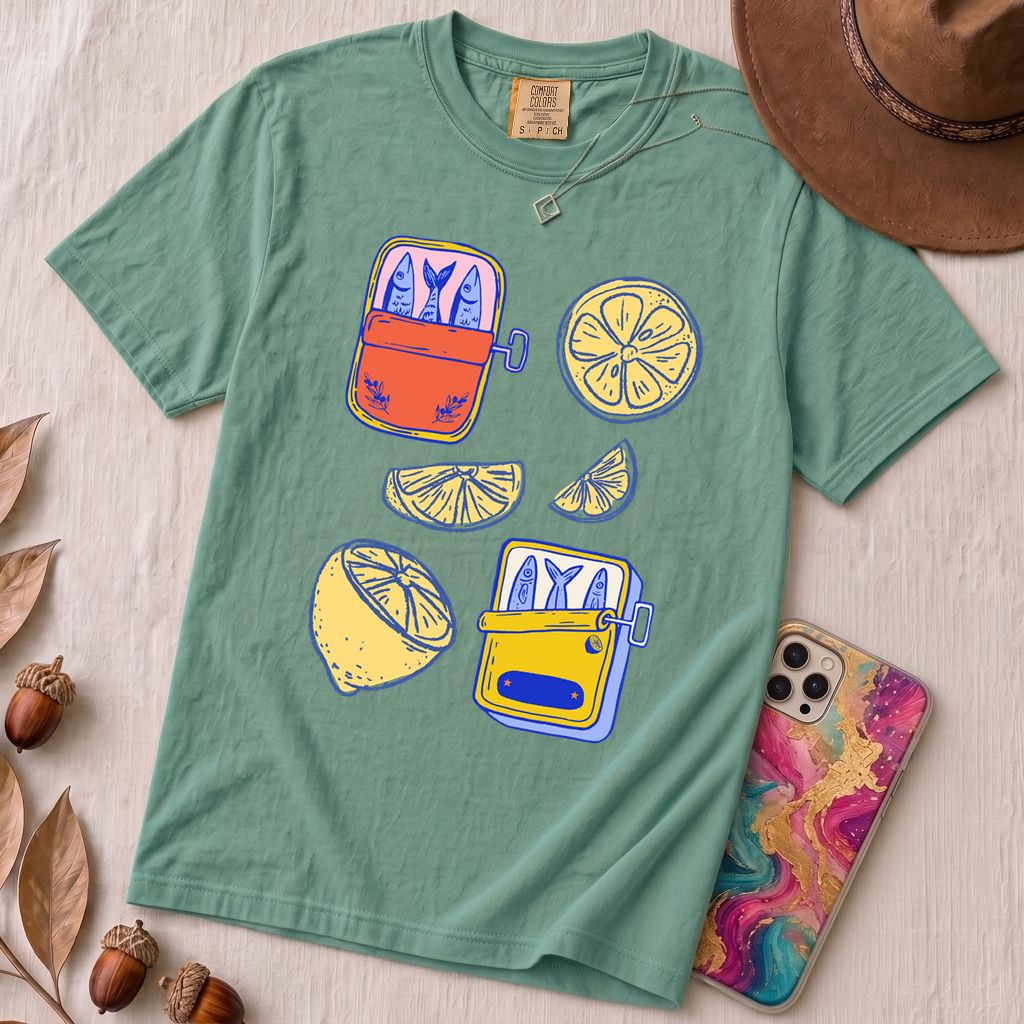 Sardines & Lemons T-Shirt, Foodie Tee - Seafoam unfolded t-shirt mockup