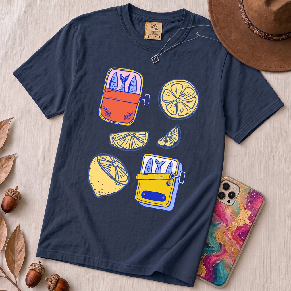 Sardines & Lemons T-Shirt, Foodie Tee - True Navy unfolded t-shirt mockup