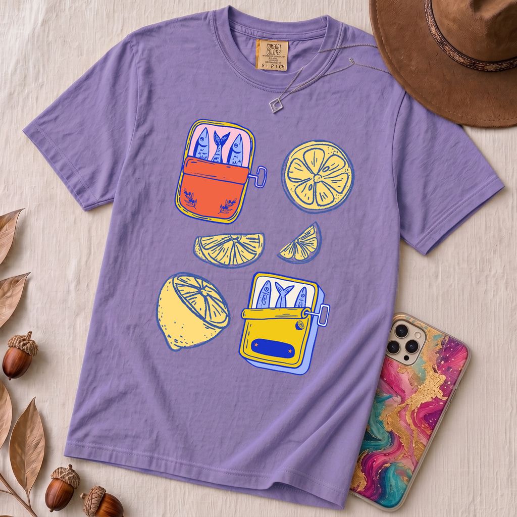 Sardines & Lemons T-Shirt, Foodie Tee - Violet unfolded t-shirt mockup