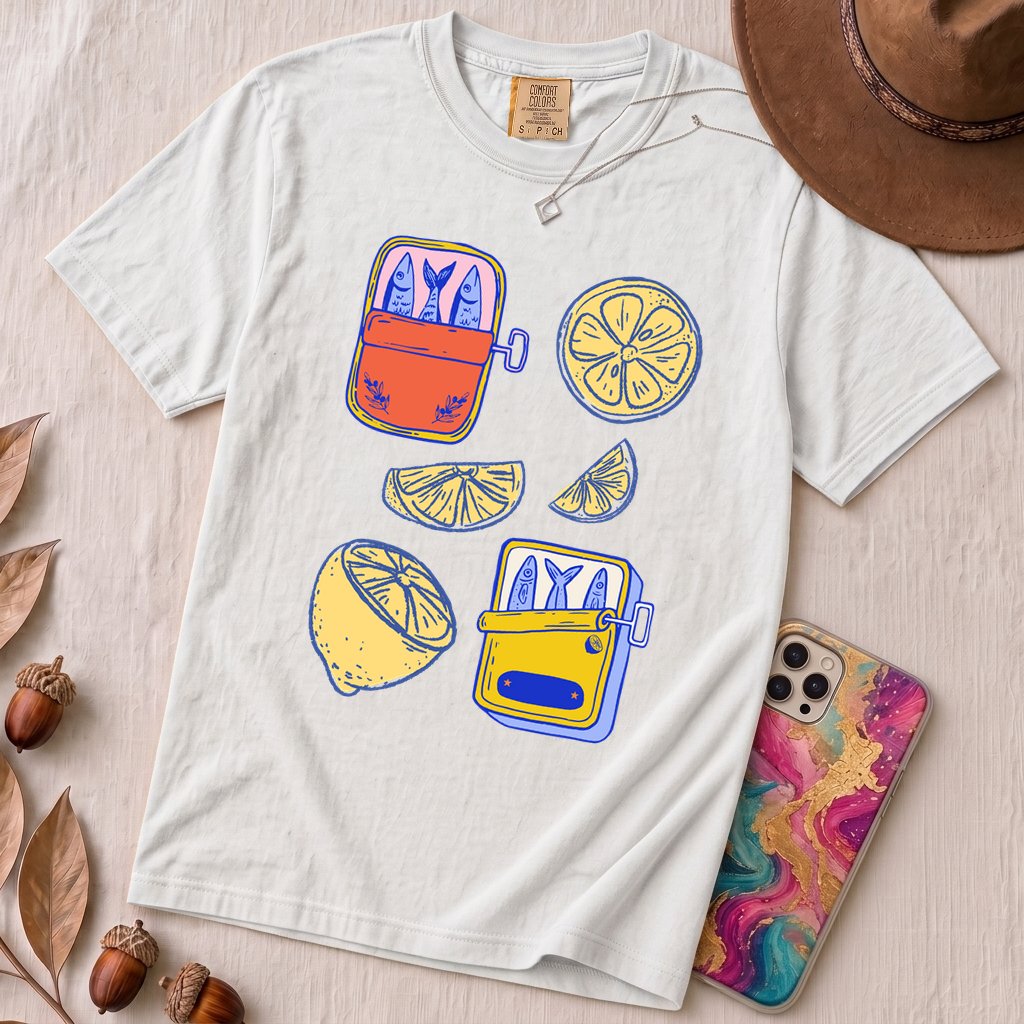 Sardines & Lemons T-Shirt, Foodie Tee - White unfolded t-shirt mockup