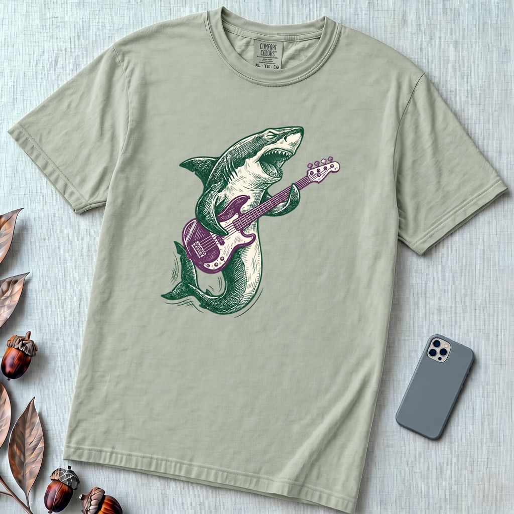 Shark Playing Bass Guitar T-Shirt - Bay unfolded t-shirt mockup