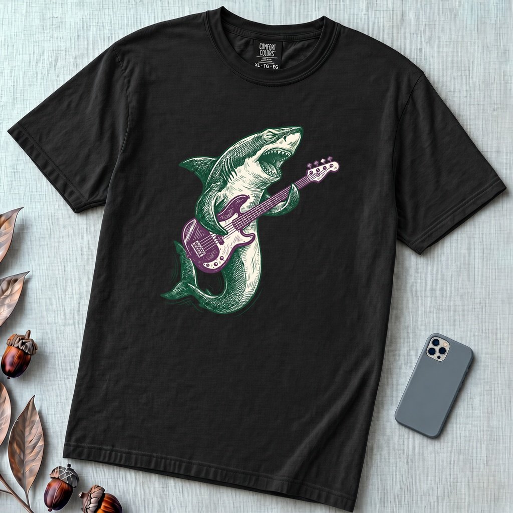 Shark Playing Bass Guitar T-Shirt - Black unfolded t-shirt mockup