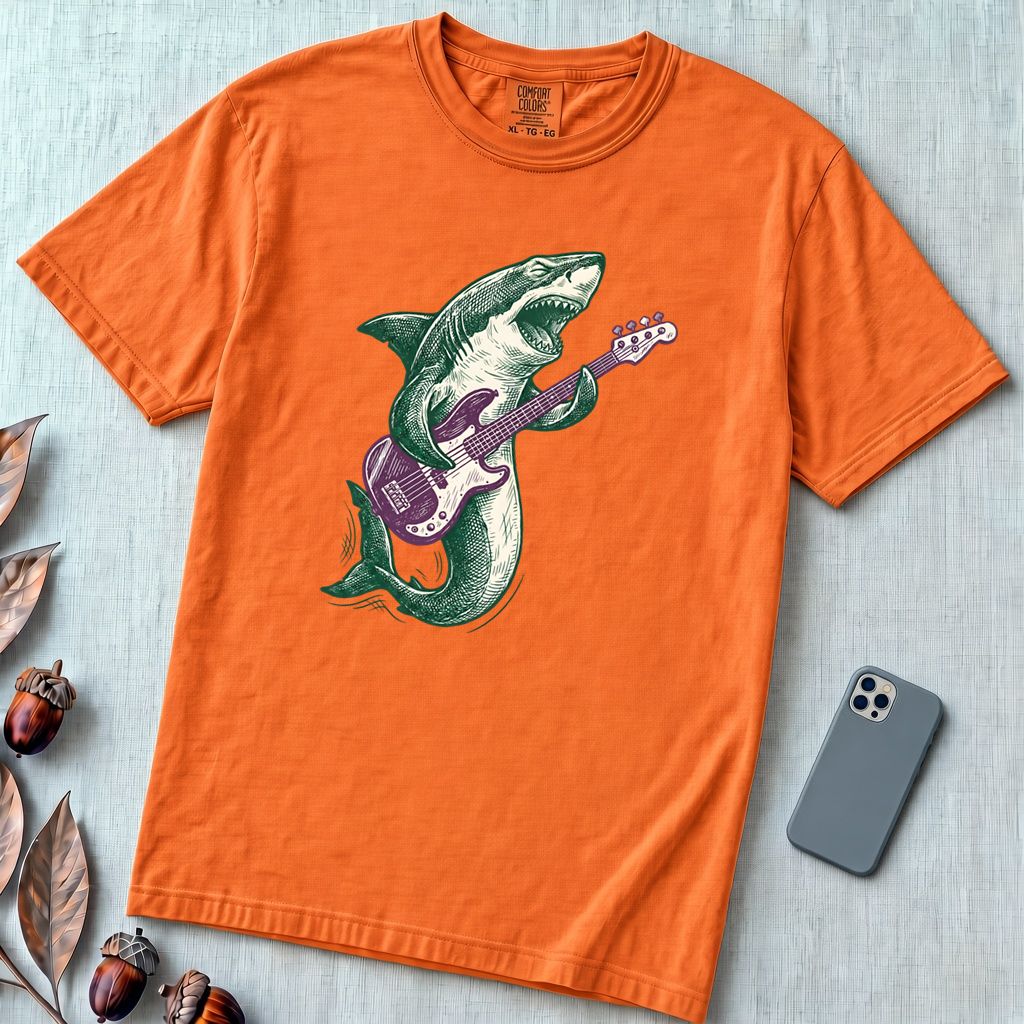 Shark Playing Bass Guitar T-Shirt - Burnt Orange unfolded t-shirt mockup