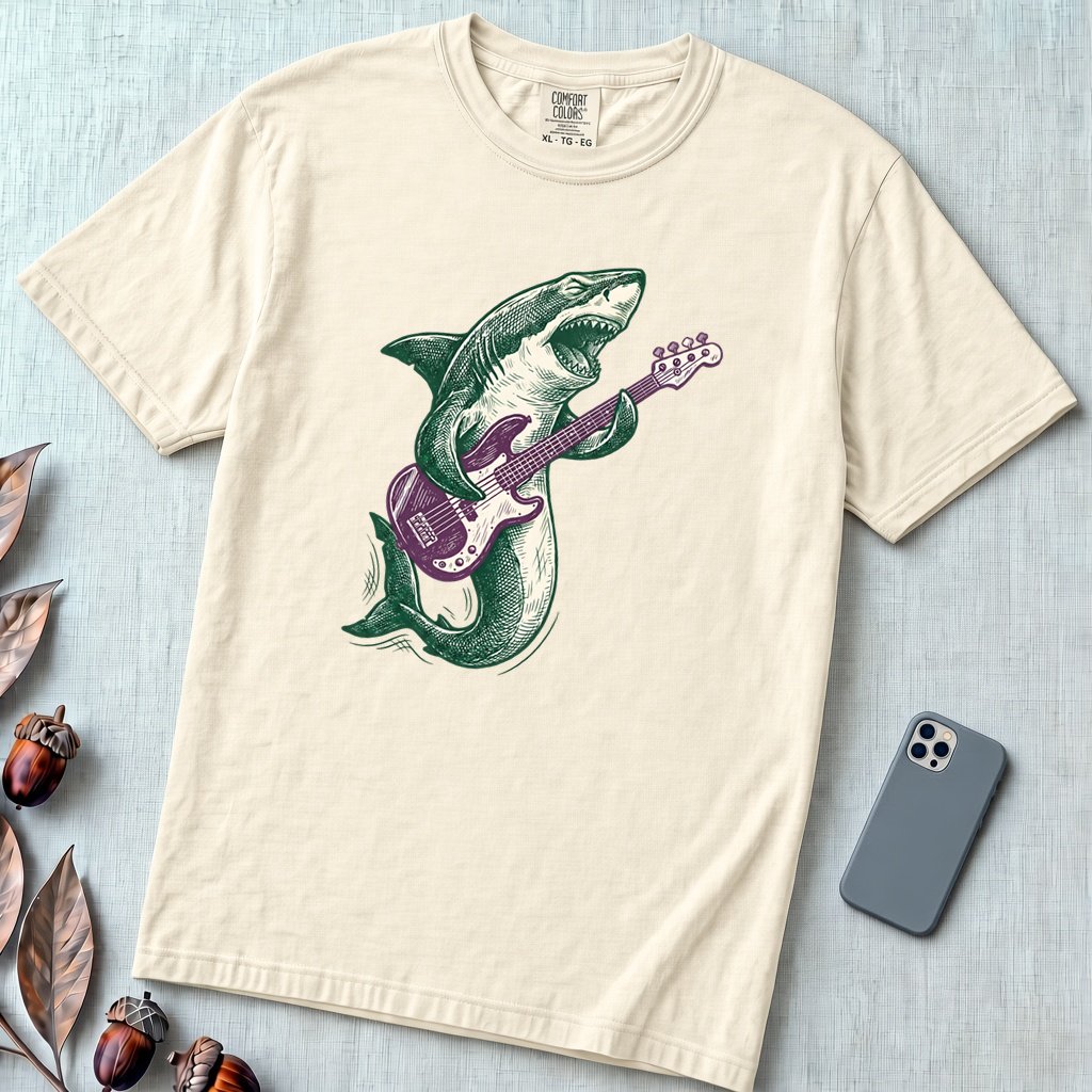 Shark Playing Bass Guitar T-Shirt - Ivory unfolded t-shirt mockup