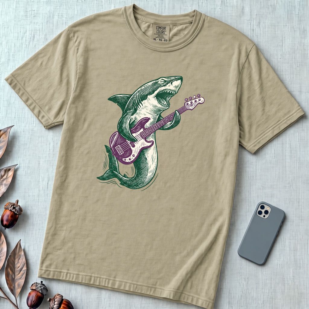 Shark Playing Bass Guitar T-Shirt - Khaki unfolded t-shirt mockup