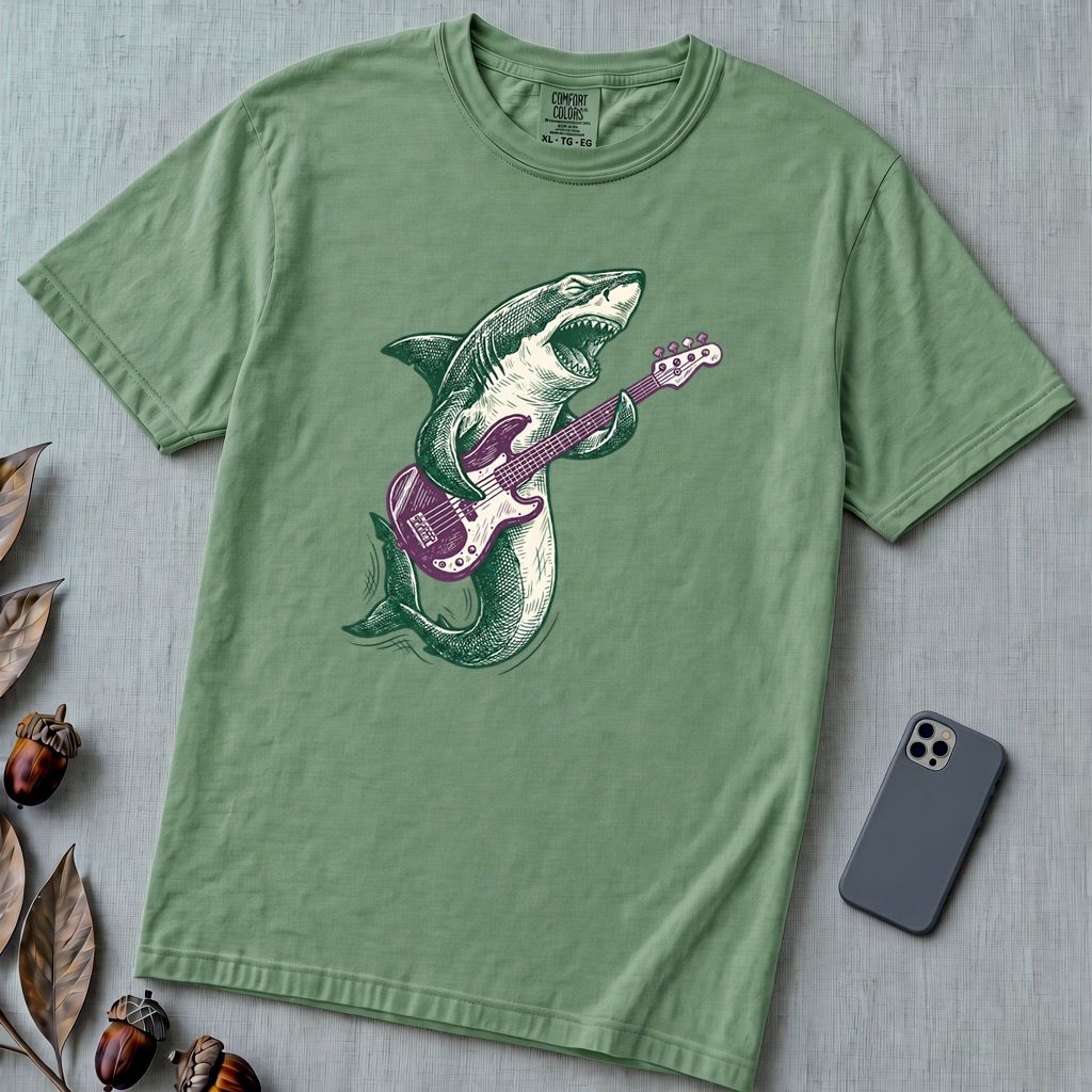 Shark Playing Bass Guitar T-Shirt - Light Green unfolded t-shirt mockup
