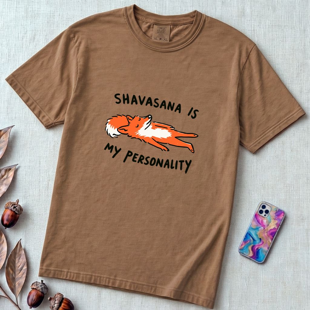 Shavasana Is My Personality Fox T-Shirt, Yoga Humor Gift - Espresso unfolded t-shirt mockup