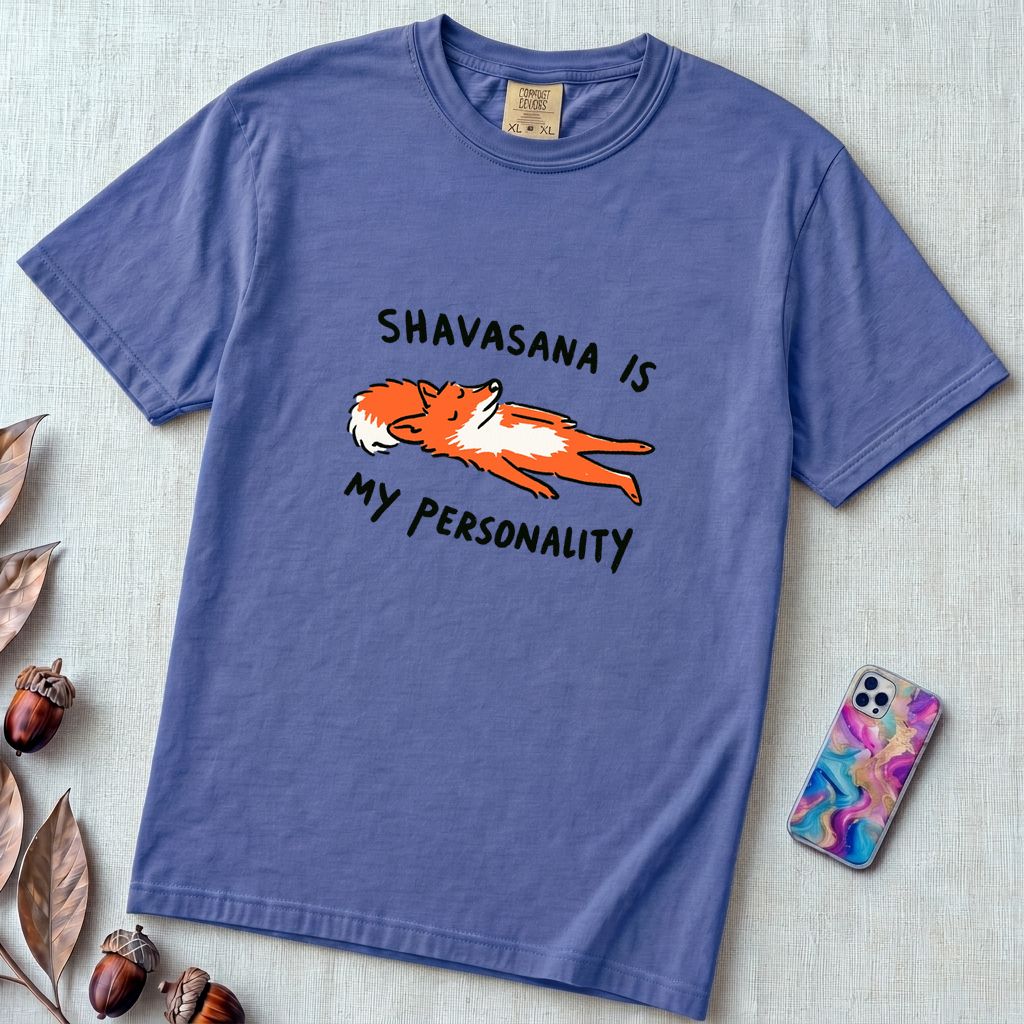 Shavasana Is My Personality Fox T-Shirt, Yoga Humor Gift - Flo Blue unfolded t-shirt mockup