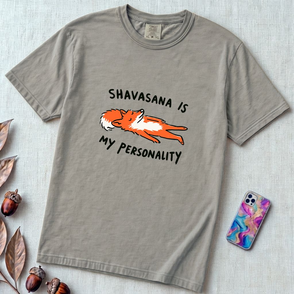 Shavasana Is My Personality Fox T-Shirt, Yoga Humor Gift - Granite unfolded t-shirt mockup