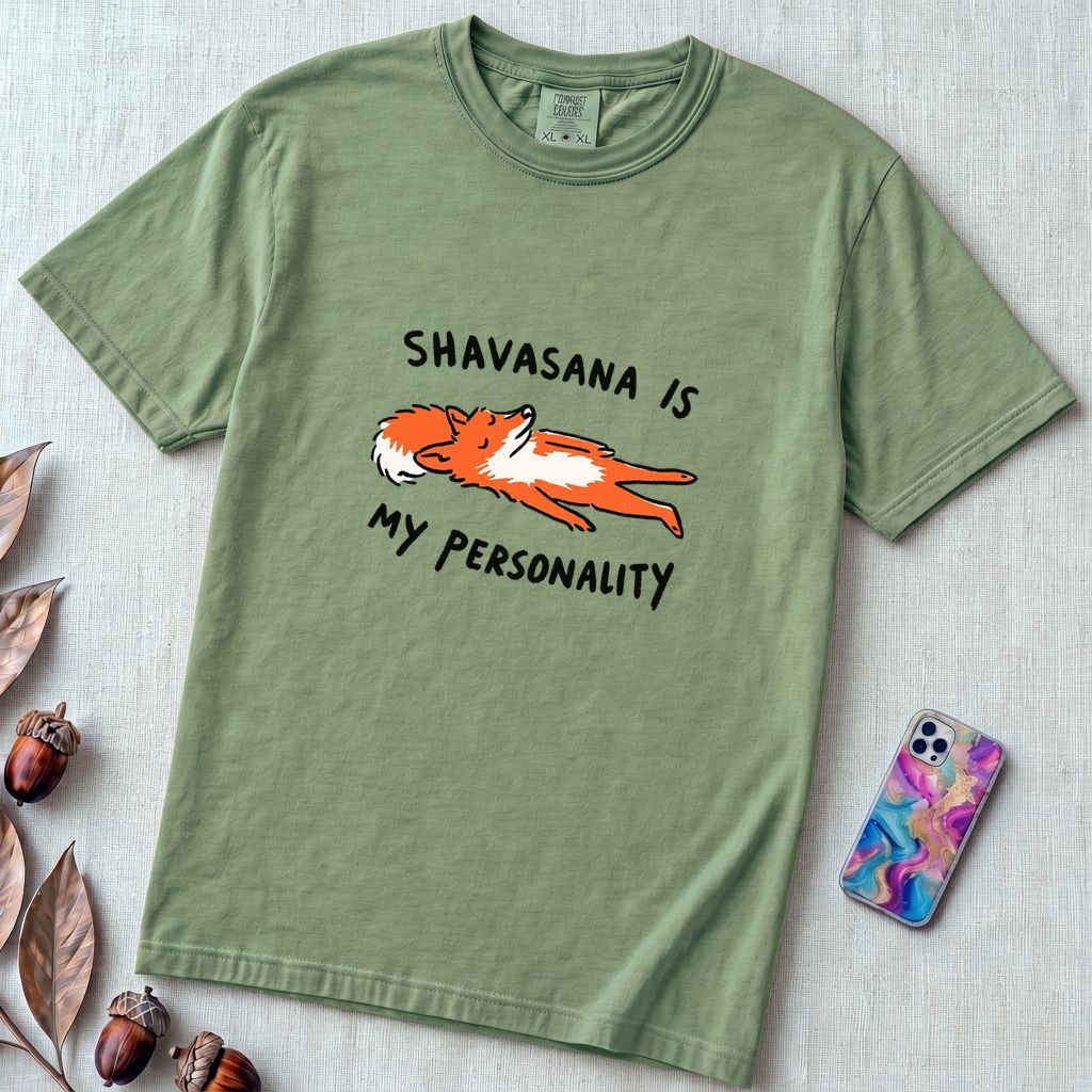 Shavasana Is My Personality Fox T-Shirt, Yoga Humor Gift - Light Green unfolded t-shirt mockup