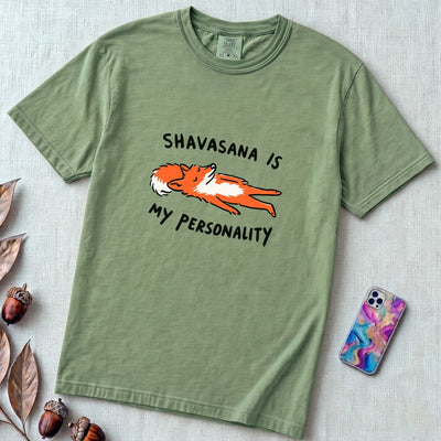 Shavasana Is My Personality Fox T-Shirt, Yoga Humor Gift - Light Green unfolded t-shirt mockup