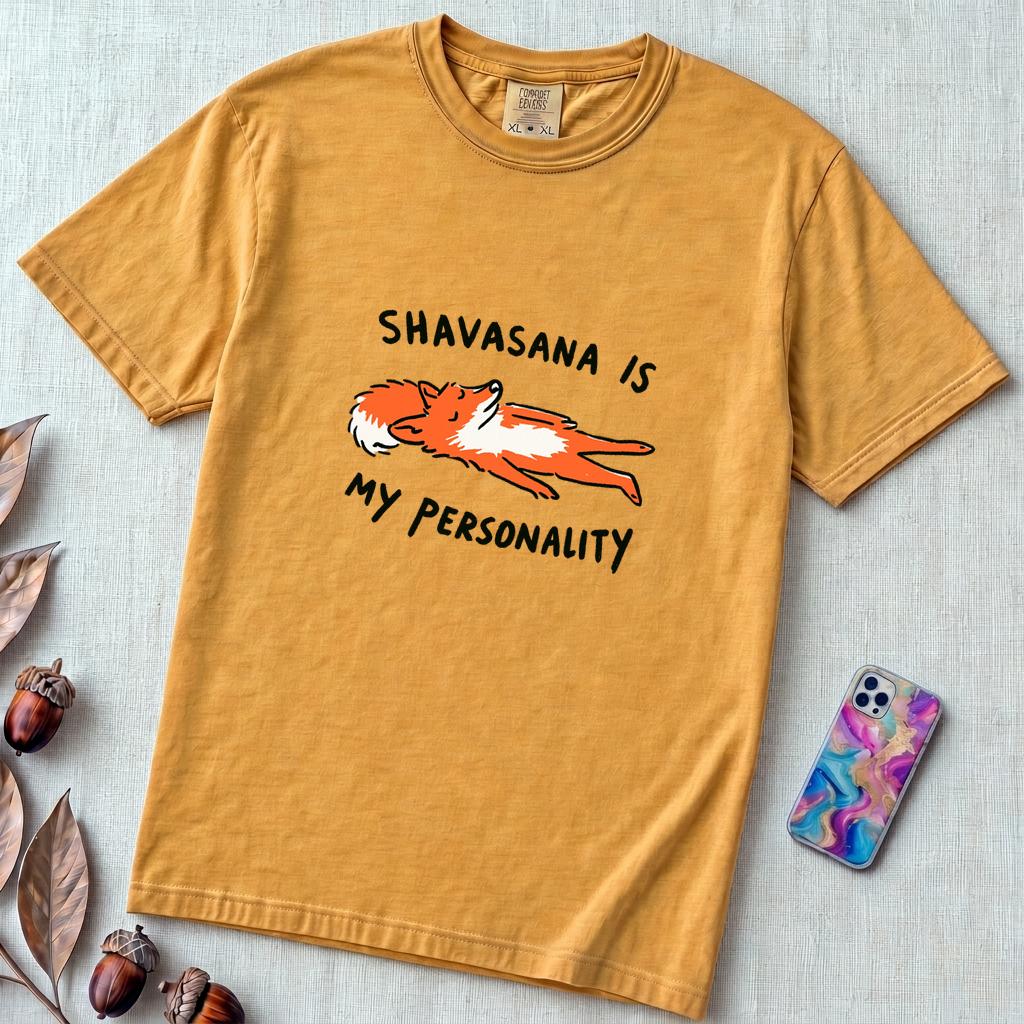 Shavasana Is My Personality Fox T-Shirt, Yoga Humor Gift - Mustard unfolded t-shirt mockup