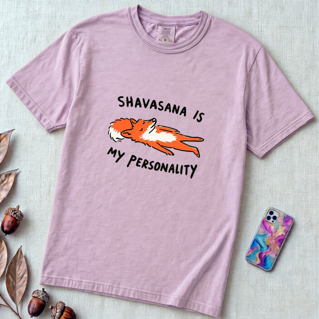 Shavasana Is My Personality Fox T-Shirt, Yoga Humor Gift - Orchid unfolded t-shirt mockup