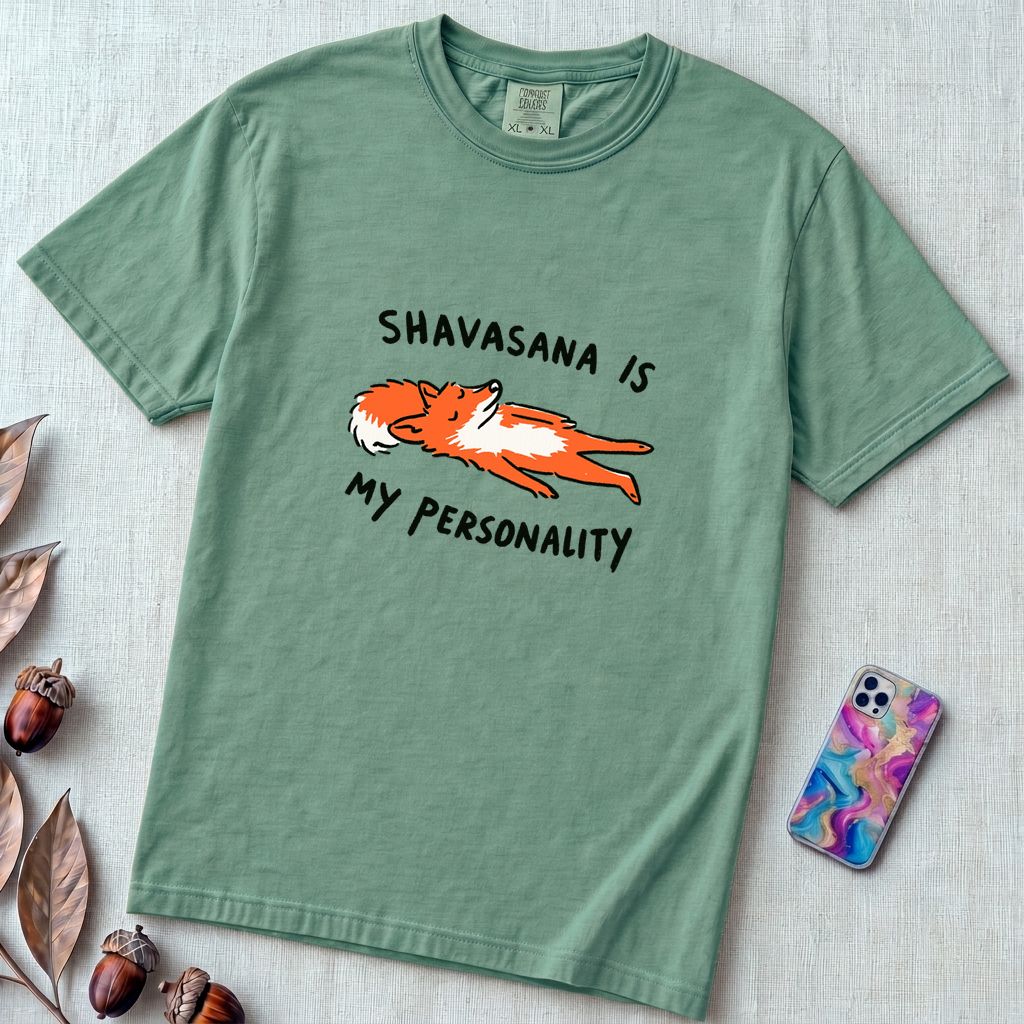 Shavasana Is My Personality Fox T-Shirt, Yoga Humor Gift - Seafoam unfolded t-shirt mockup