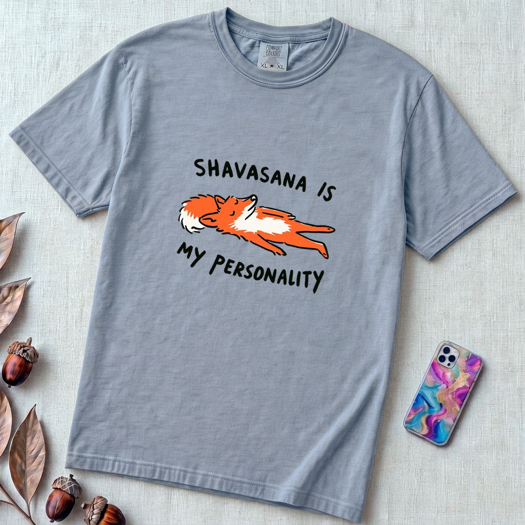 Shavasana Is My Personality Fox T-Shirt, Yoga Humor Gift - Washed Denim unfolded t-shirt mockup