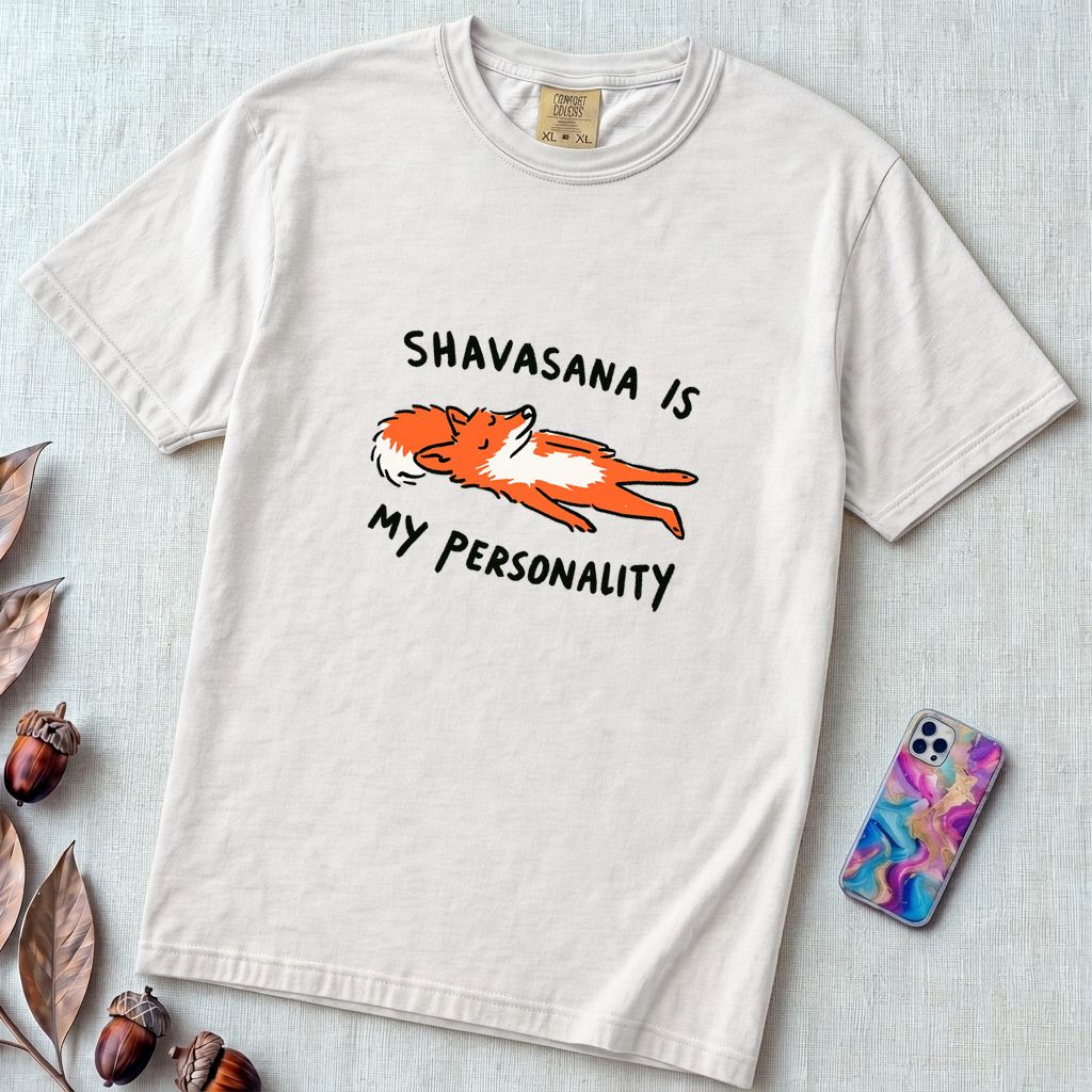 Shavasana Is My Personality Fox T-Shirt, Yoga Humor Gift - White unfolded t-shirt mockup