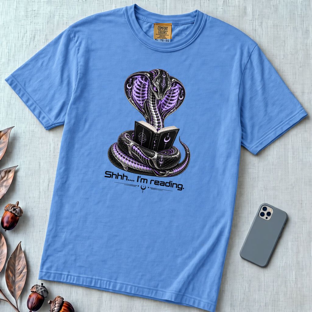 Shhh… I’m Reading Cobra T-Shirt - Flo Blue unfolded t-shirt mockup