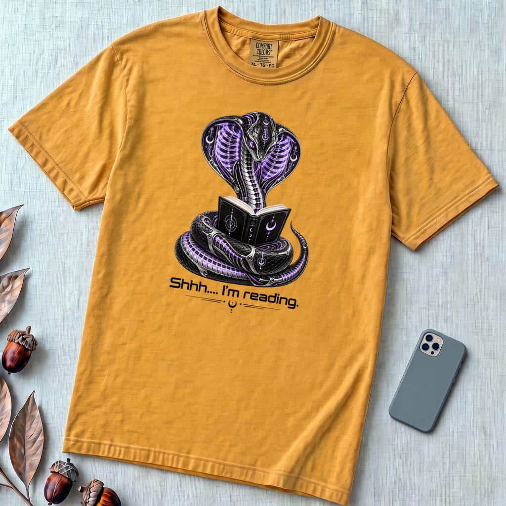 Shhh… I’m Reading Cobra T-Shirt - Mustard unfolded t-shirt mockup