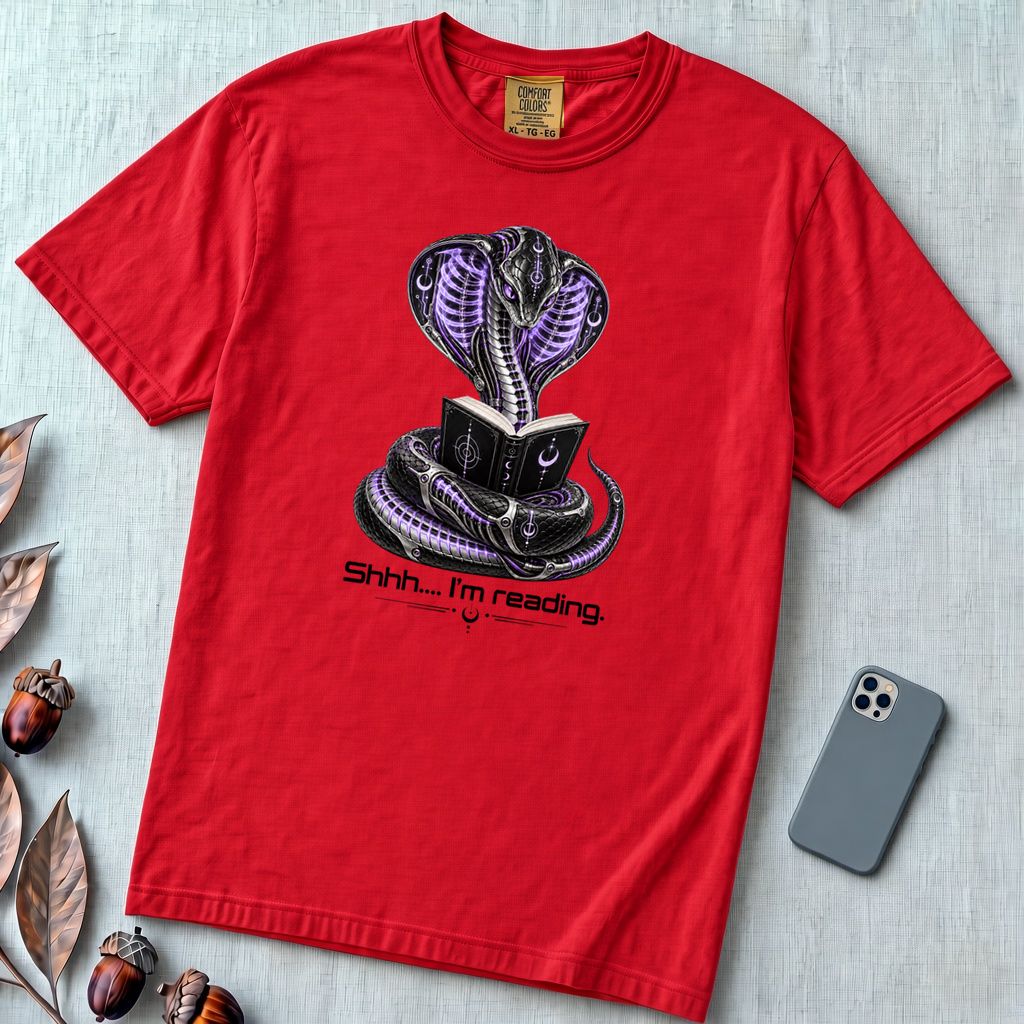 Shhh… I’m Reading Cobra T-Shirt - Red unfolded t-shirt mockup