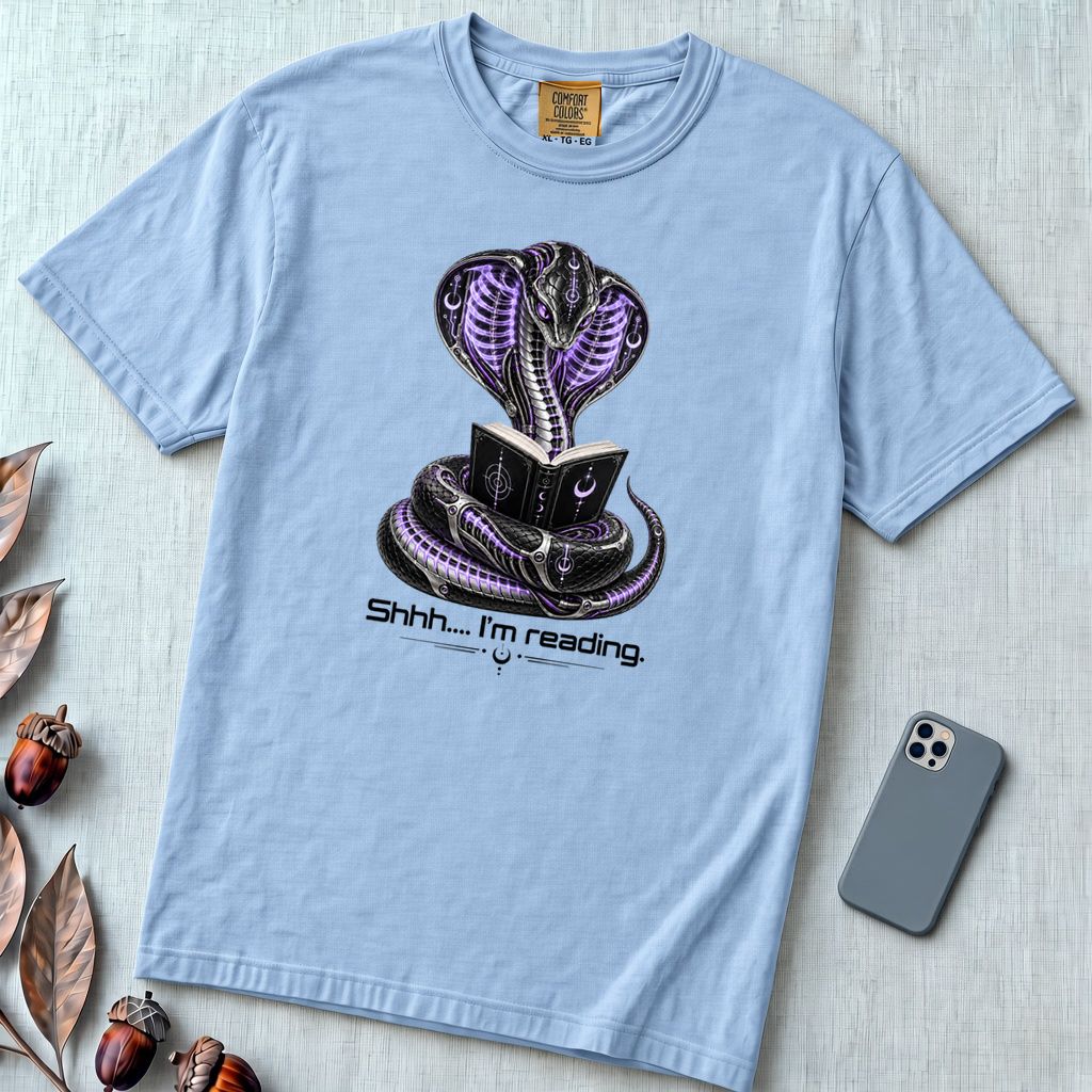 Shhh… I’m Reading Cobra T-Shirt - Washed Denim unfolded t-shirt mockup