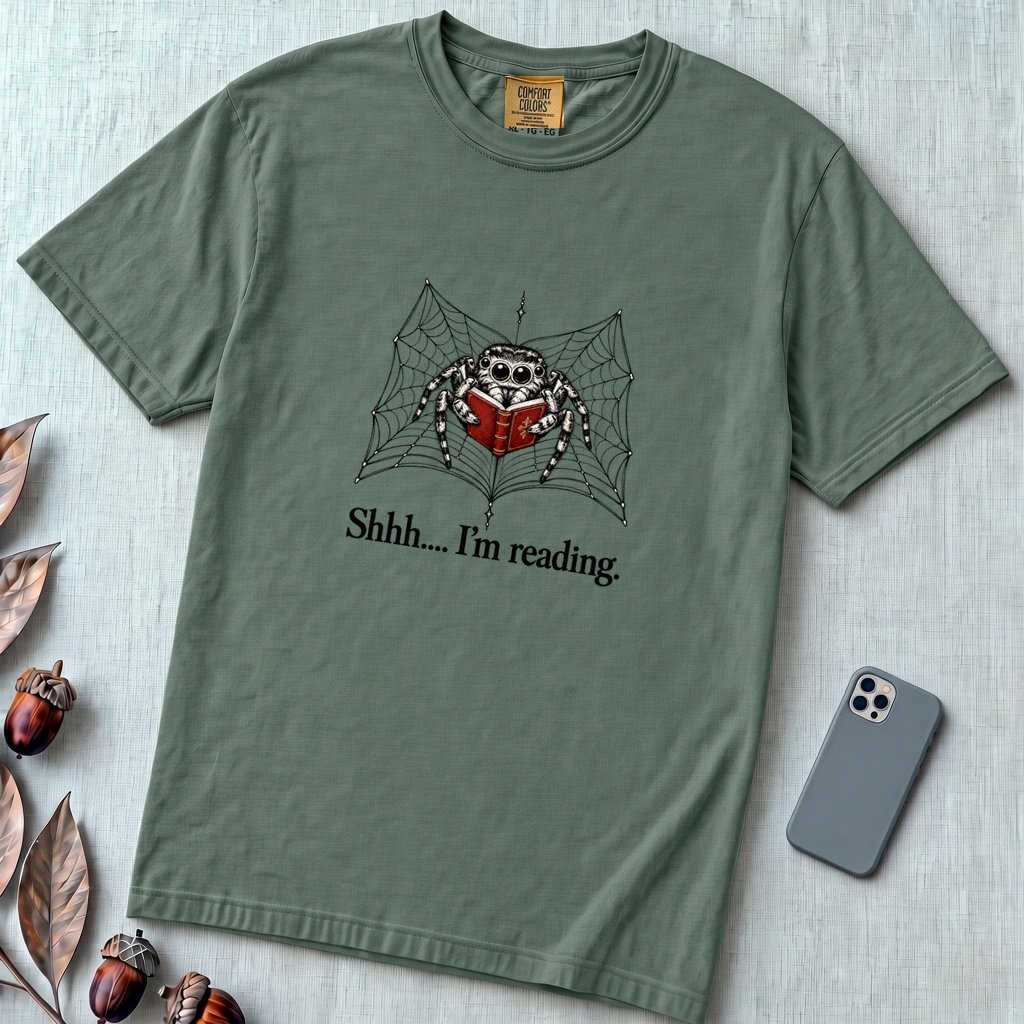 Shhh I’m Reading, Funny Spider Book Lover T-Shirt - Blue Spruce unfolded t-shirt mockup