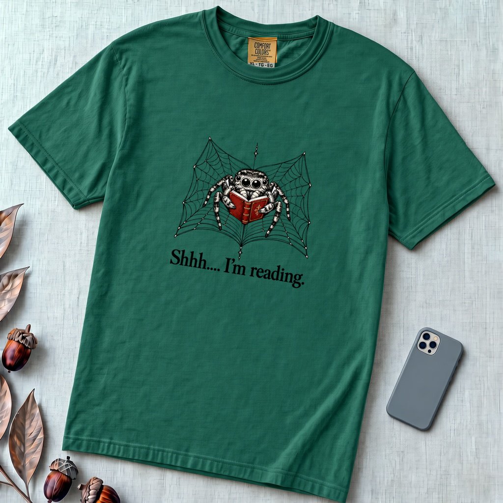 Shhh I’m Reading, Funny Spider Book Lover T-Shirt - Emerald unfolded t-shirt mockup