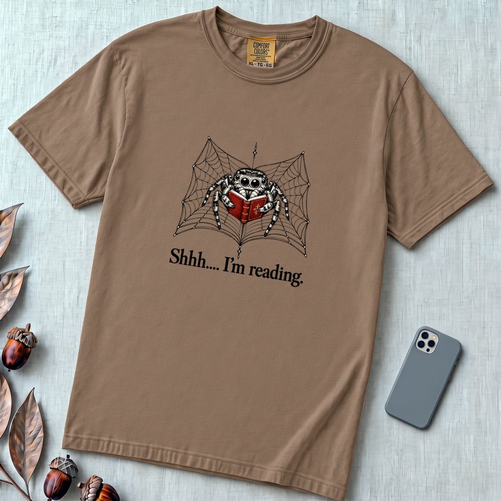 Shhh I’m Reading, Funny Spider Book Lover T-Shirt - Espresso unfolded t-shirt mockup