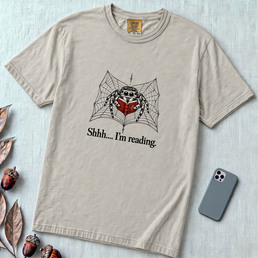 Shhh I’m Reading, Funny Spider Book Lover T-Shirt - Granite unfolded t-shirt mockup