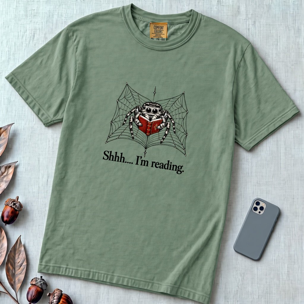 Shhh I’m Reading, Funny Spider Book Lover T-Shirt - Light Green unfolded t-shirt mockup
