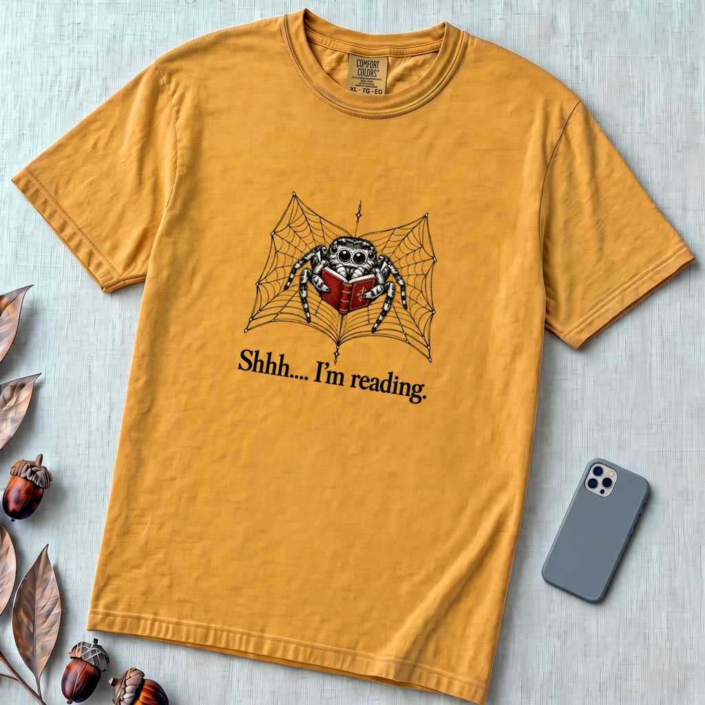 Shhh I’m Reading, Funny Spider Book Lover T-Shirt - Mustard unfolded t-shirt mockup