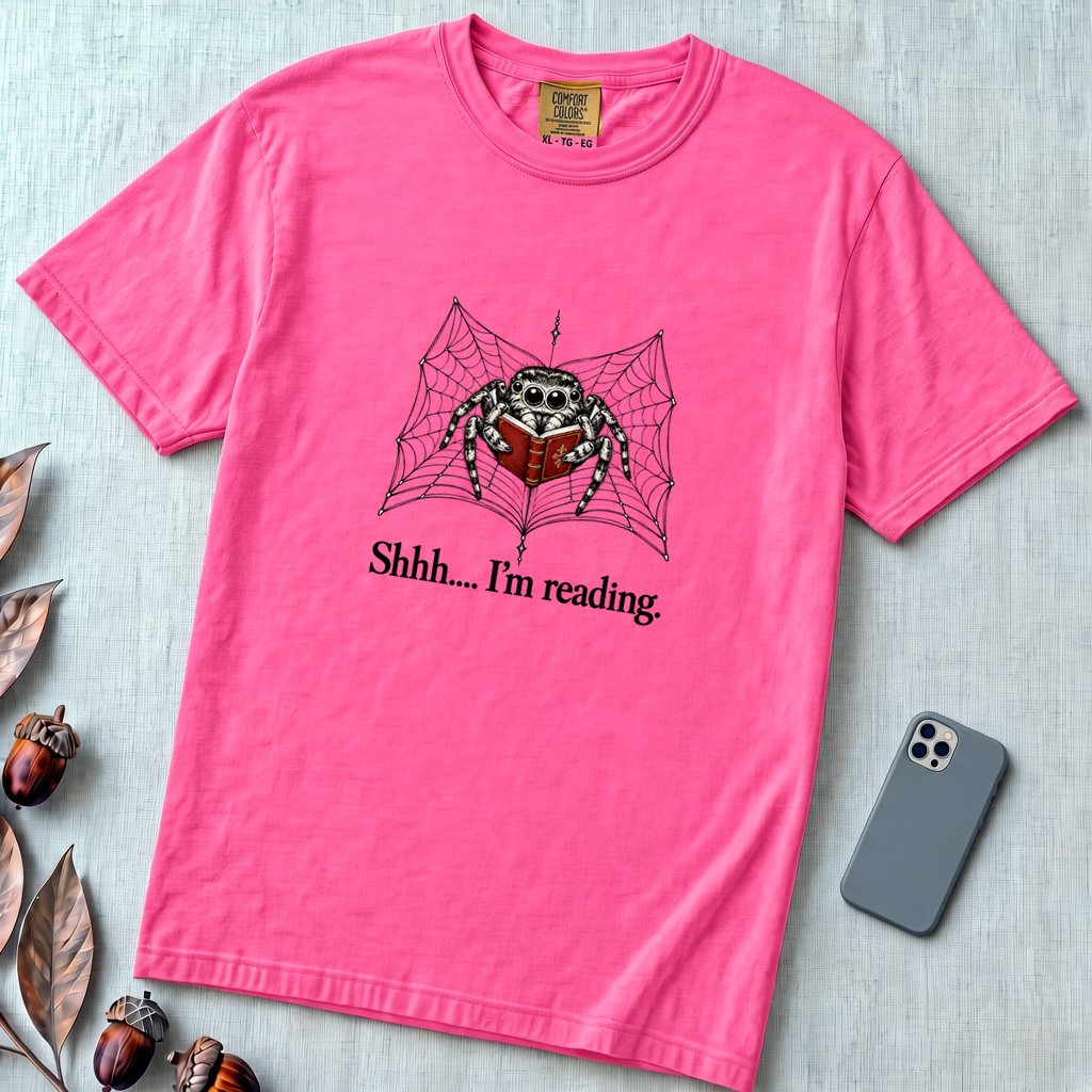 Shhh I’m Reading, Funny Spider Book Lover T-Shirt - Neon Pink unfolded t-shirt mockup