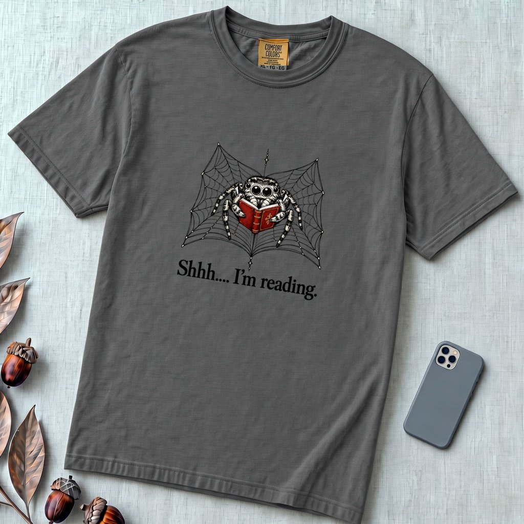 Shhh I’m Reading, Funny Spider Book Lover T-Shirt - Pepper unfolded t-shirt mockup