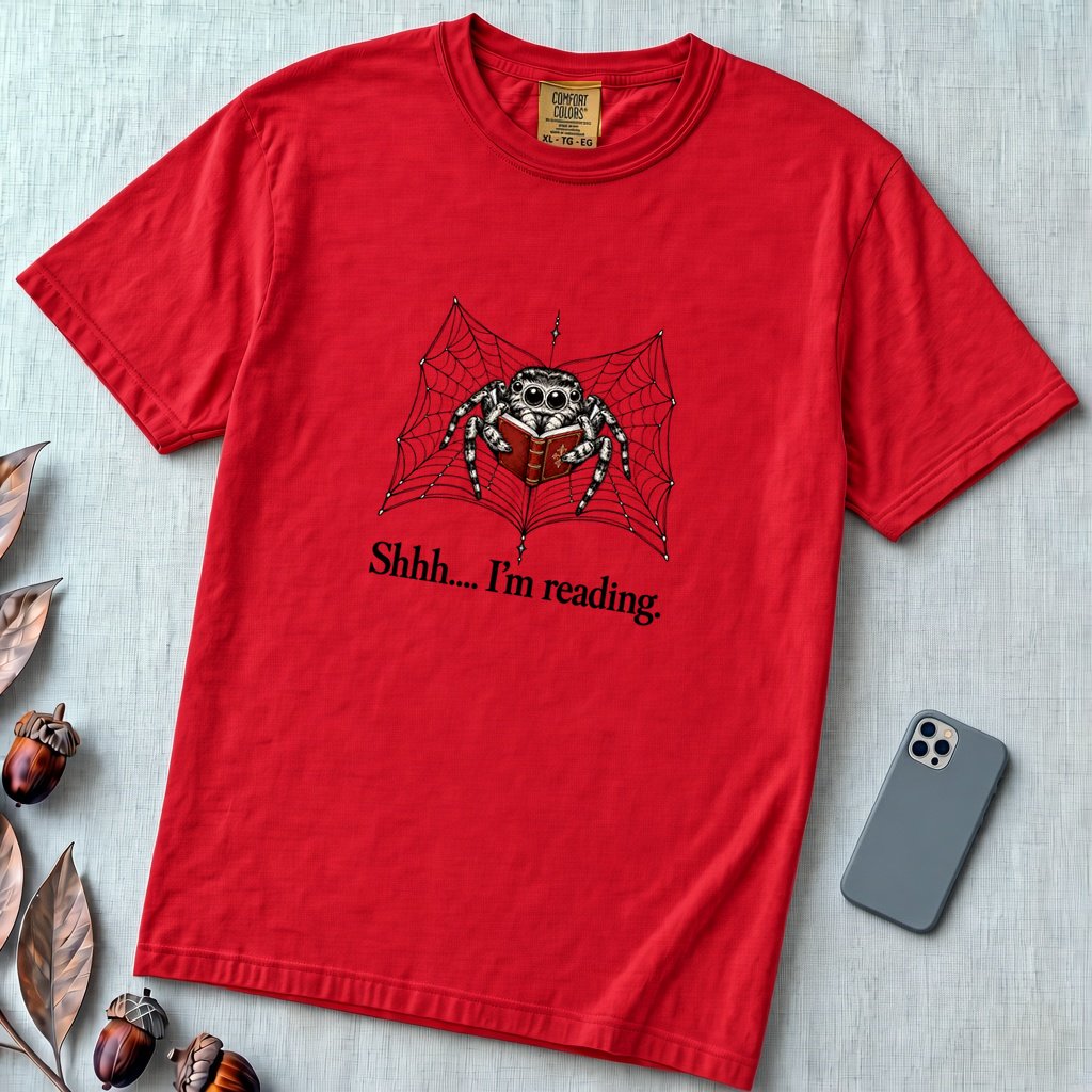 Shhh I’m Reading, Funny Spider Book Lover T-Shirt - Red unfolded t-shirt mockup