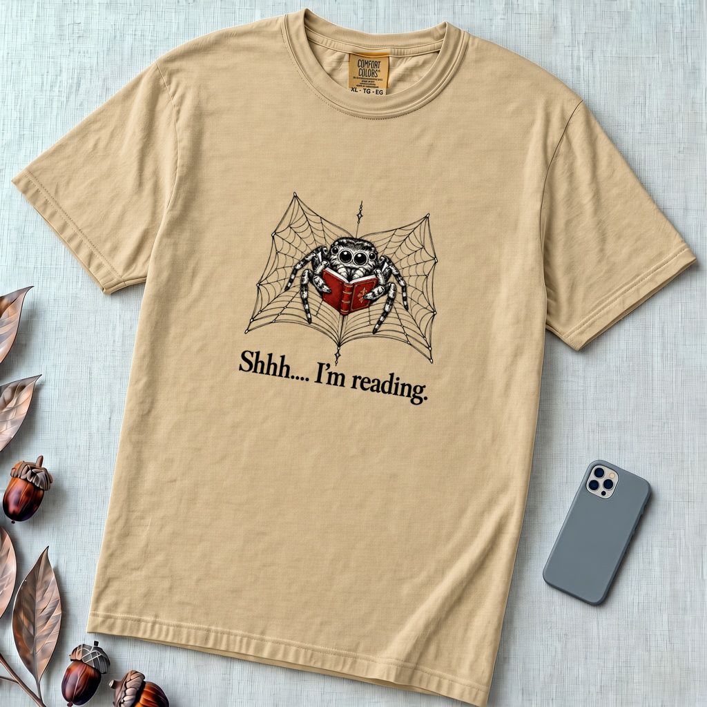 Shhh I’m Reading, Funny Spider Book Lover T-Shirt - Sandstone unfolded t-shirt mockup
