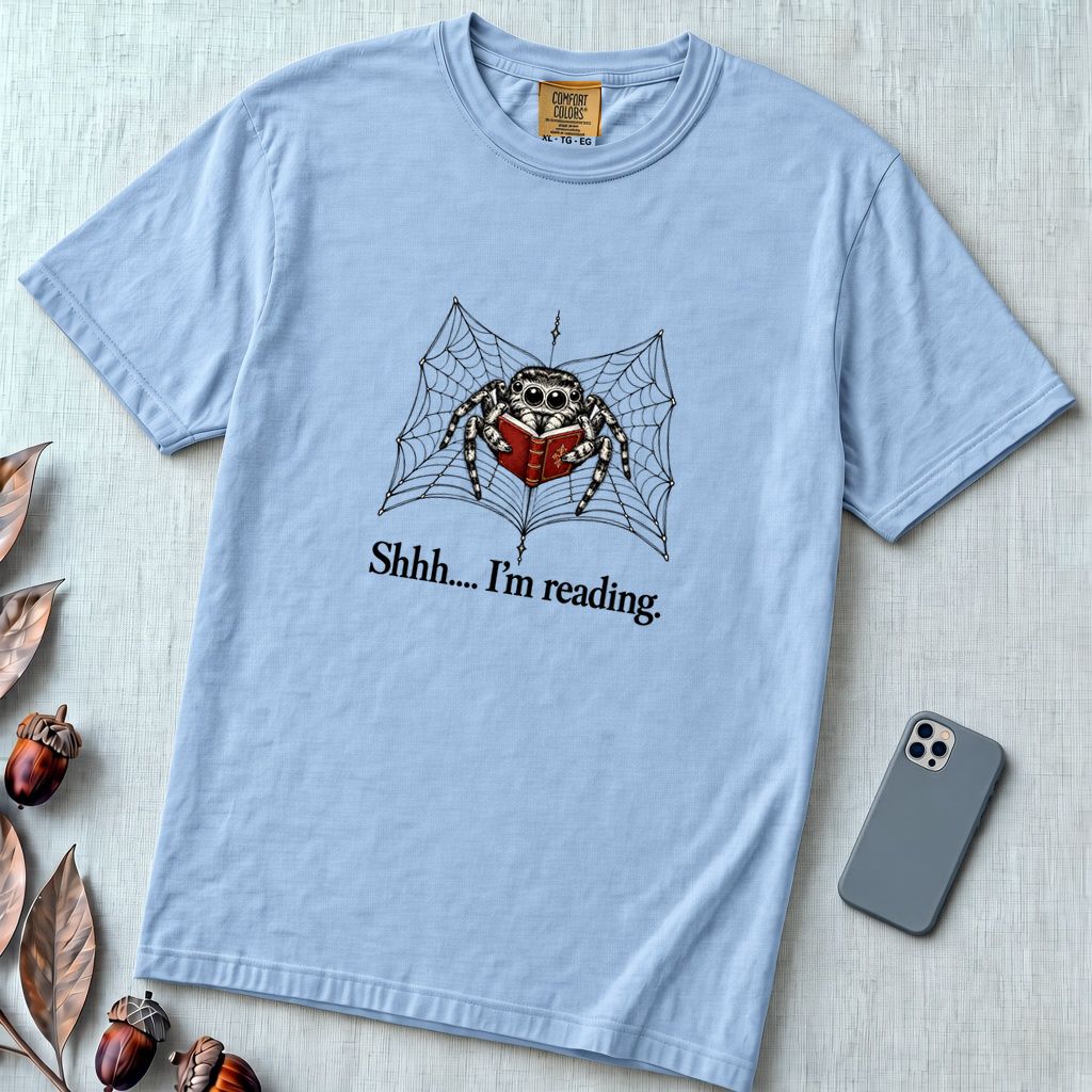 Shhh I’m Reading, Funny Spider Book Lover T-Shirt - Washed Denim unfolded t-shirt mockup