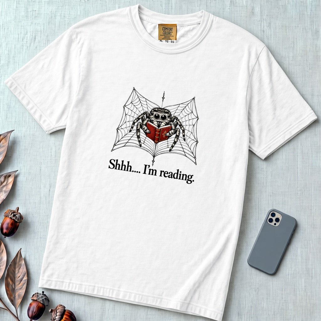 Shhh I’m Reading, Funny Spider Book Lover T-Shirt - White unfolded t-shirt mockup