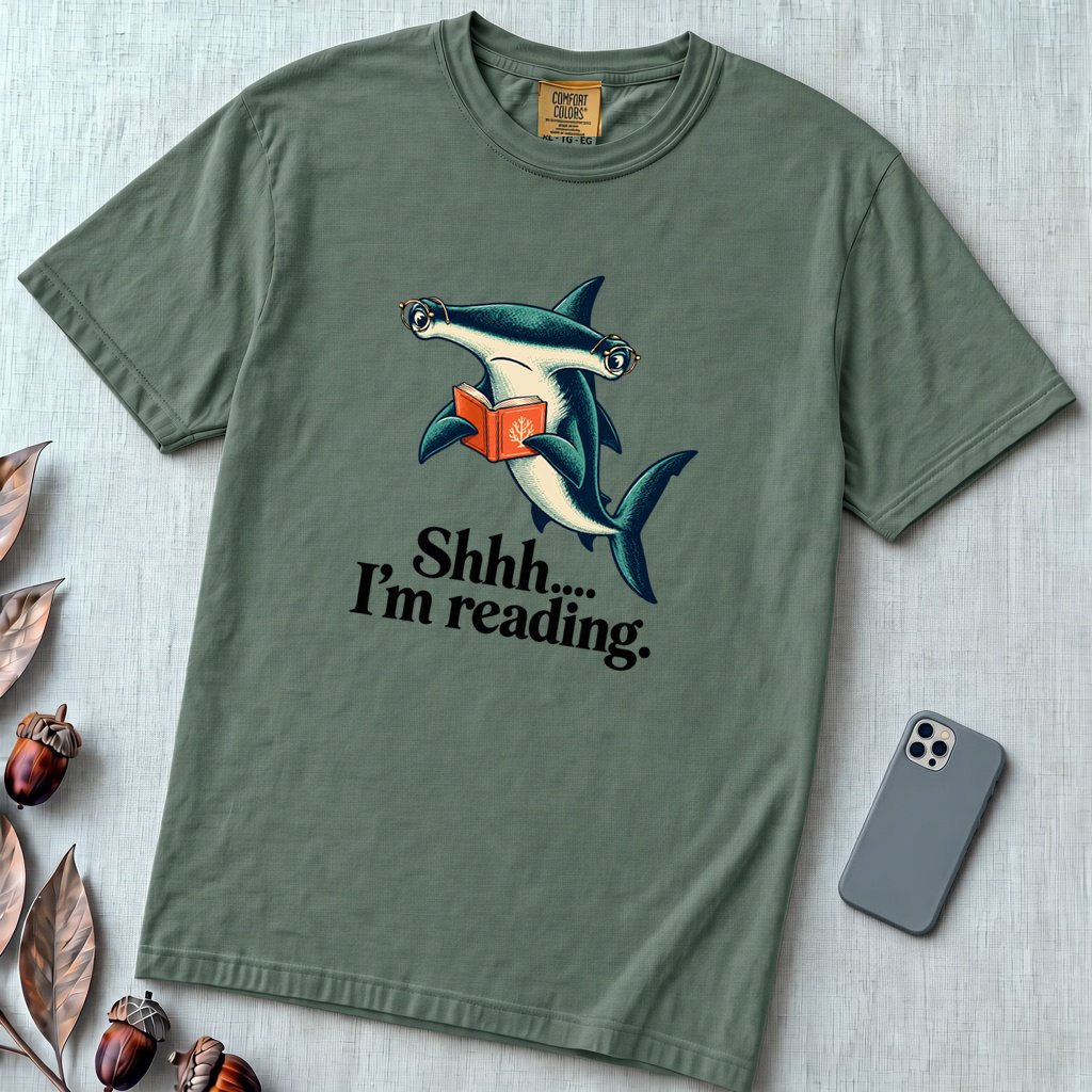 Shhh… I’m Reading Hammerhead Shark T-Shirt - Blue Spruce unfolded t-shirt mockup